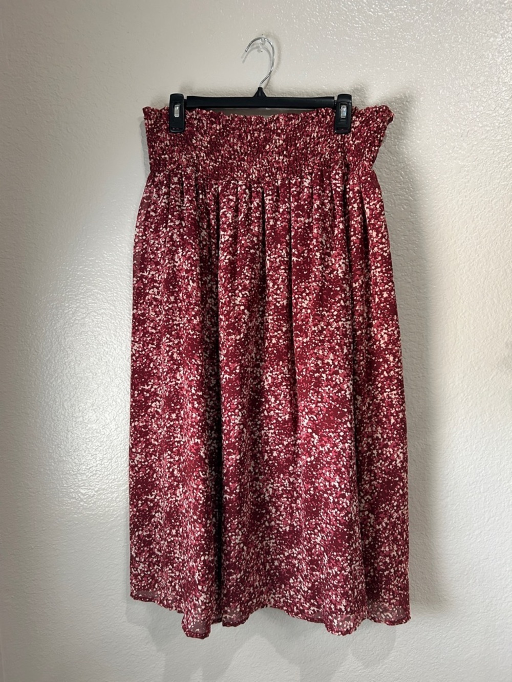George Burgundy Retro Pattern Smocked Waist Midi Skirt Lined Sz XL Boho TC0335